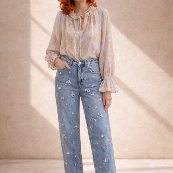 Floral Sparkle Embellished Denim Jeans